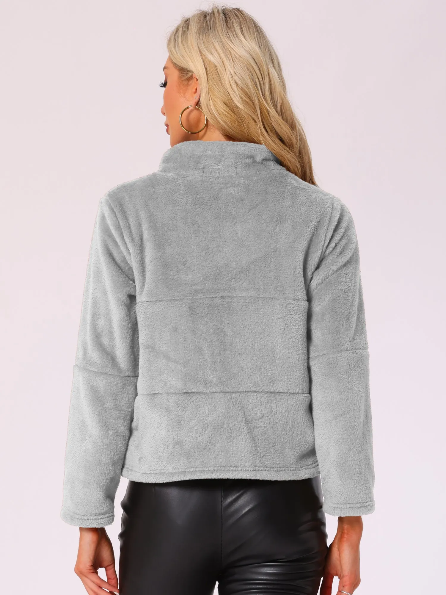 Stand Collar Zip Up Faux Fur Cropped Fleece Jacket
