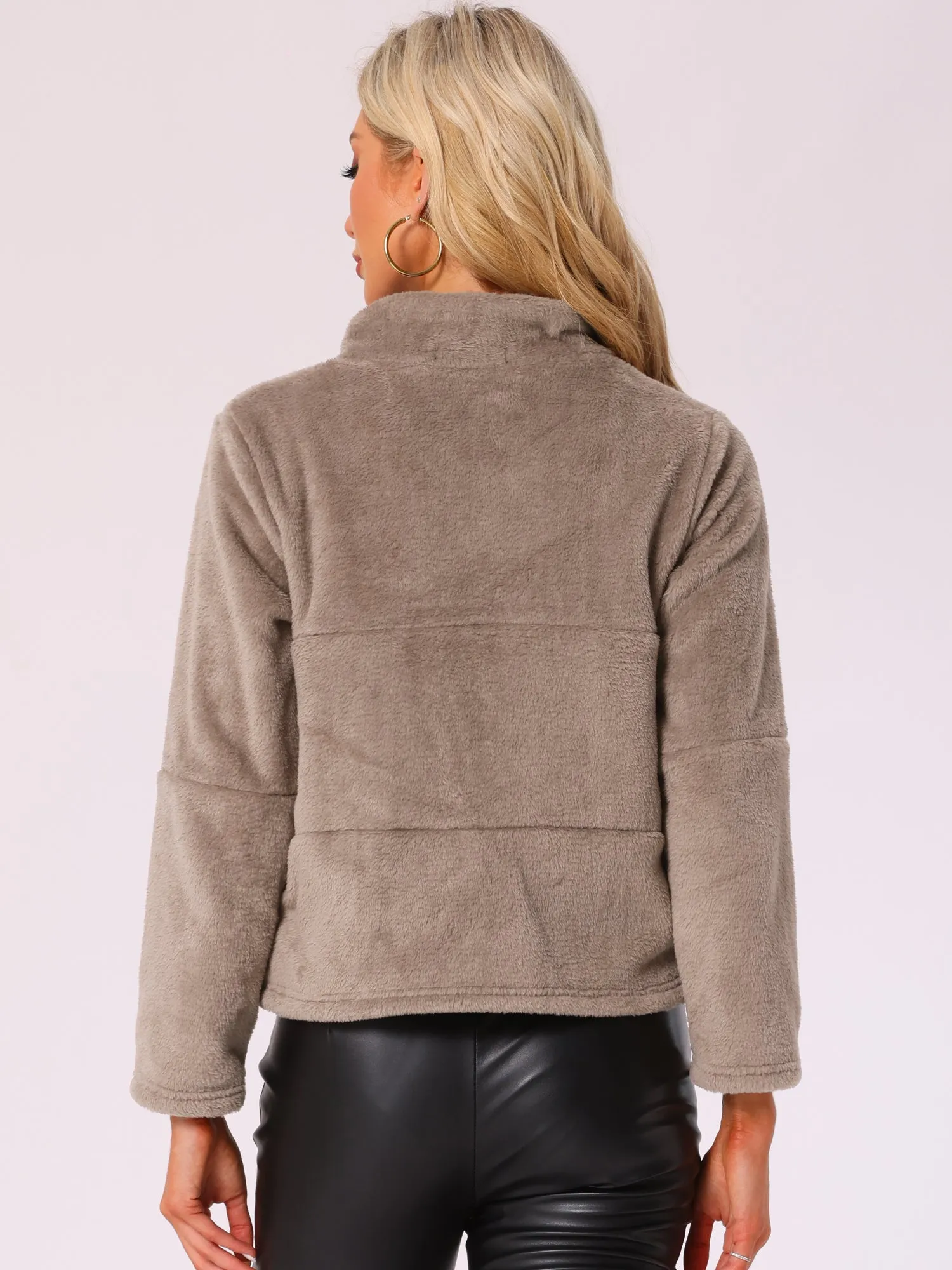 Stand Collar Zip Up Faux Fur Cropped Fleece Jacket