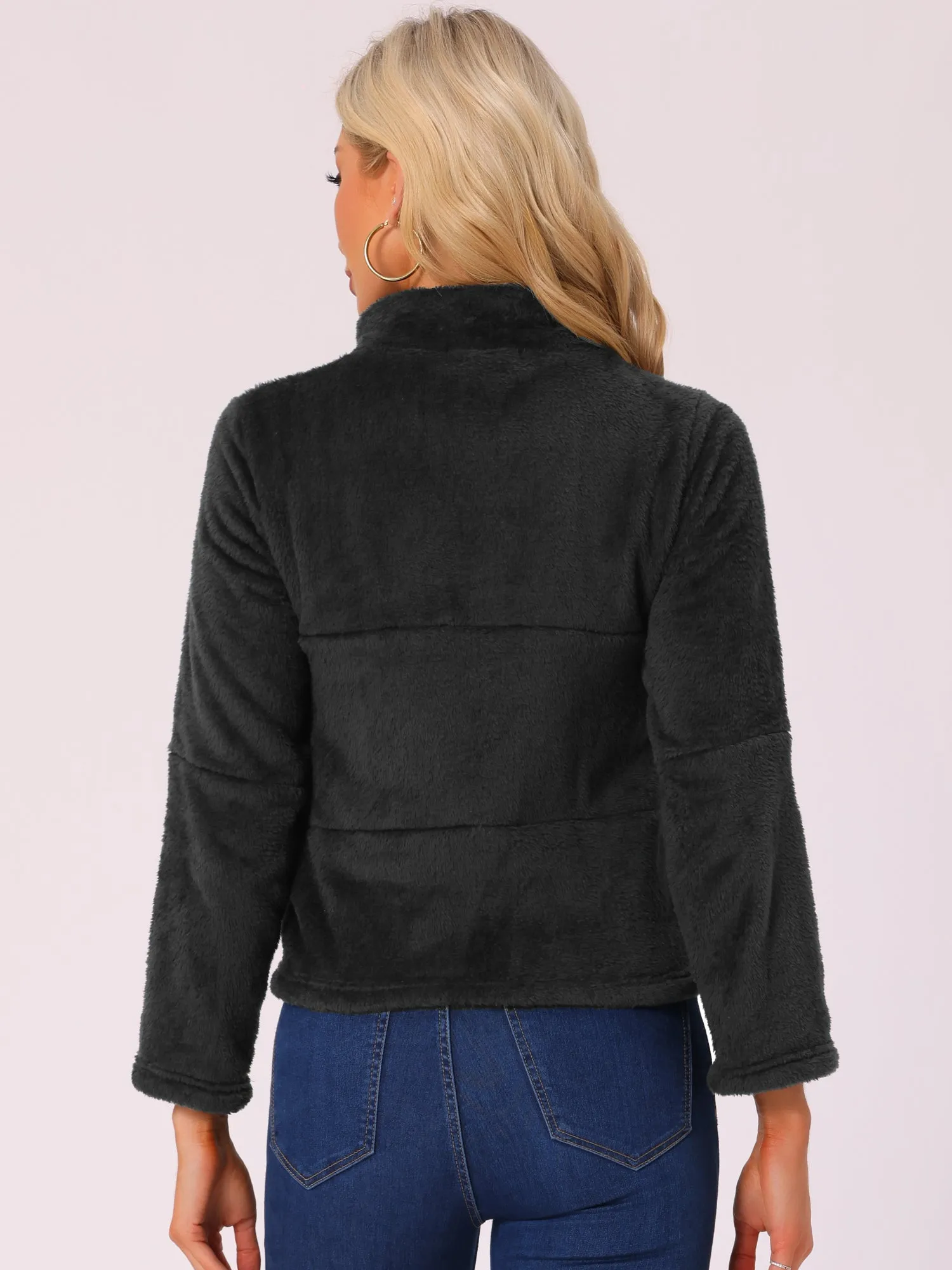 Stand Collar Zip Up Faux Fur Cropped Fleece Jacket