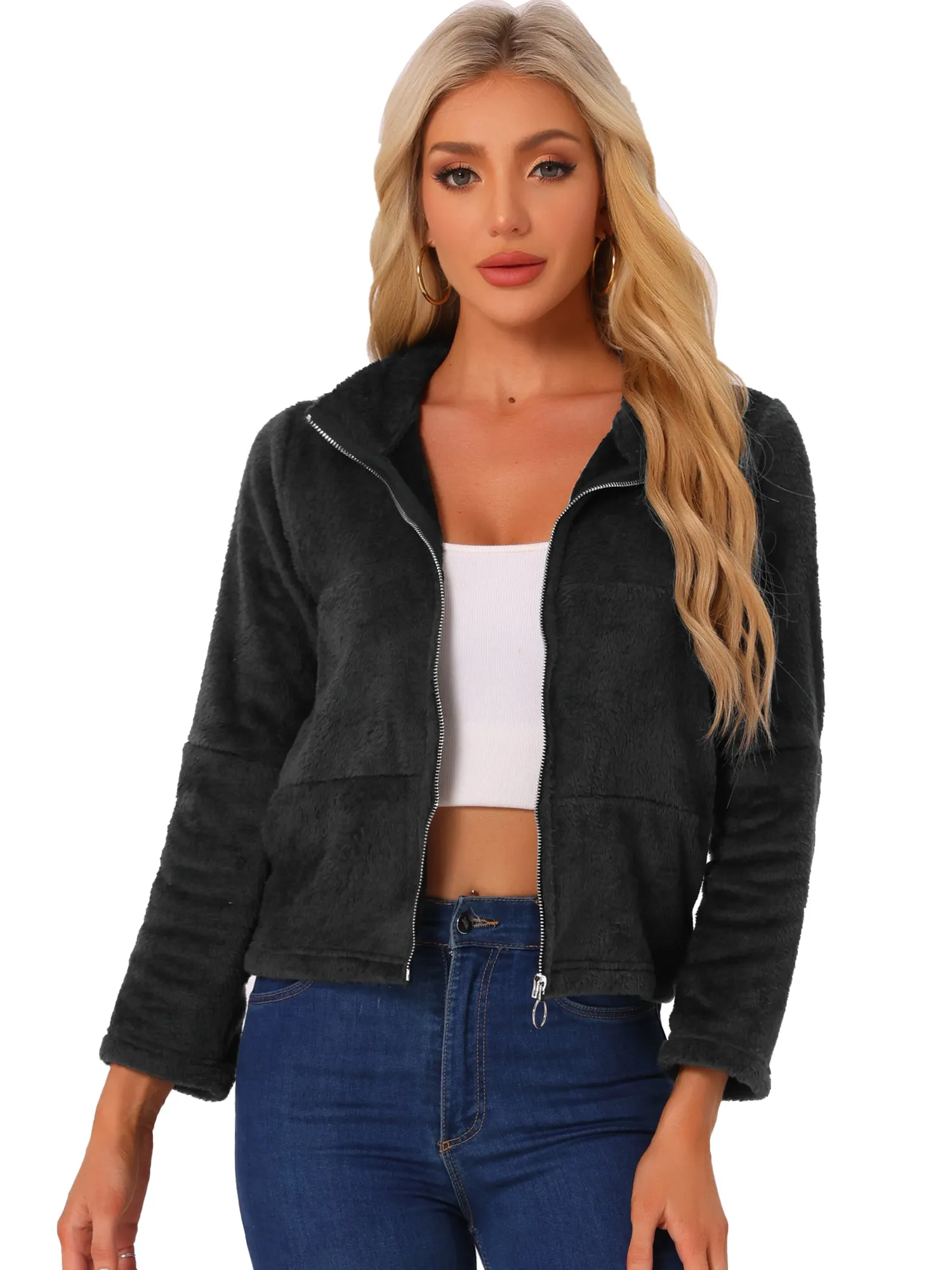 Stand Collar Zip Up Faux Fur Cropped Fleece Jacket