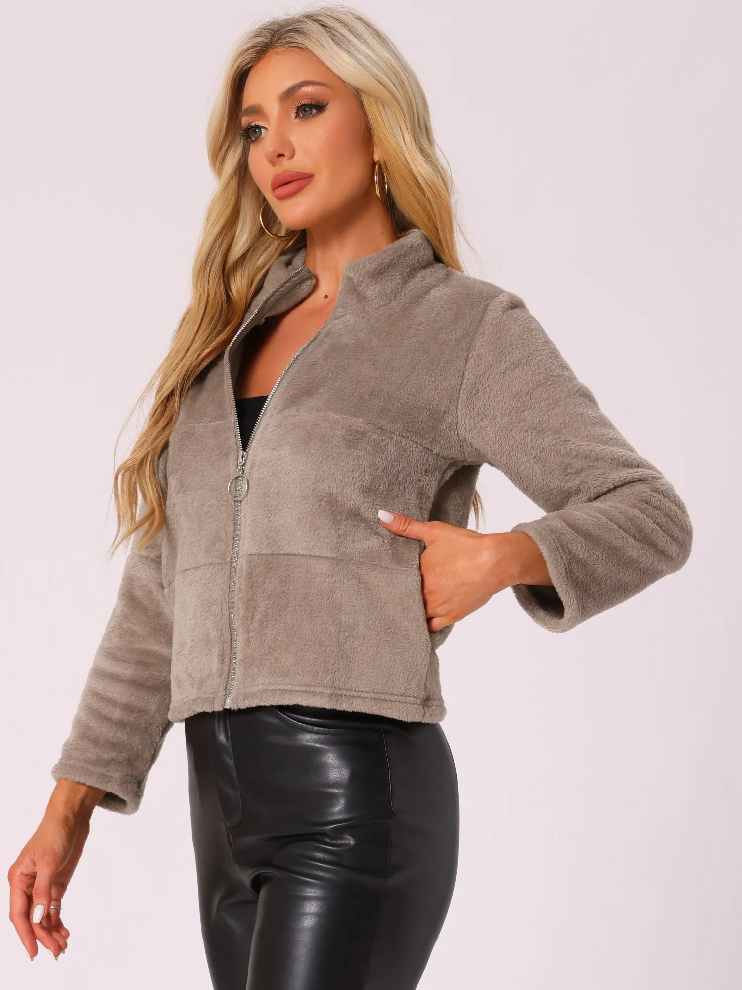 Stand Collar Zip Up Faux Fur Cropped Fleece Jacket