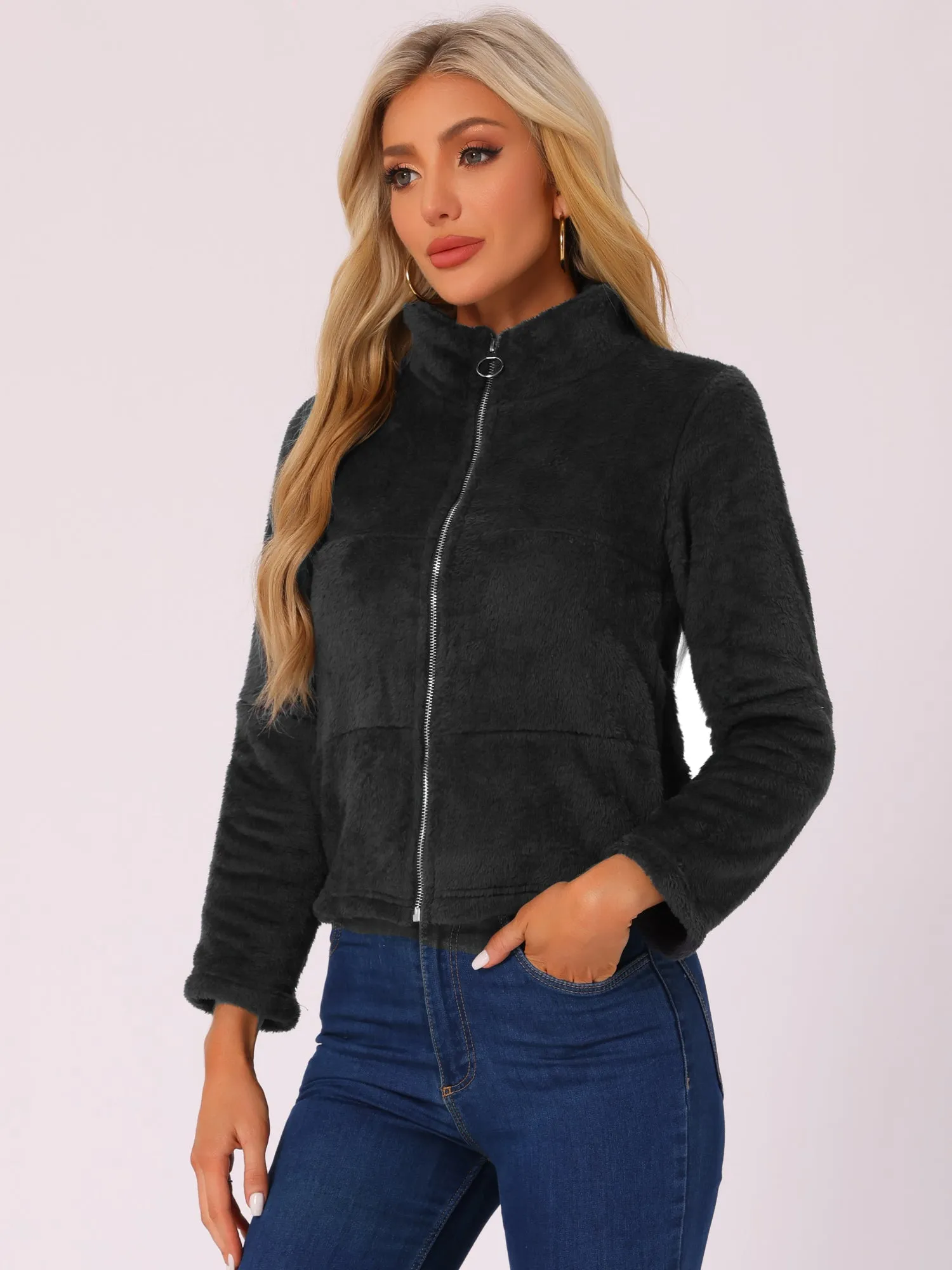 Stand Collar Zip Up Faux Fur Cropped Fleece Jacket