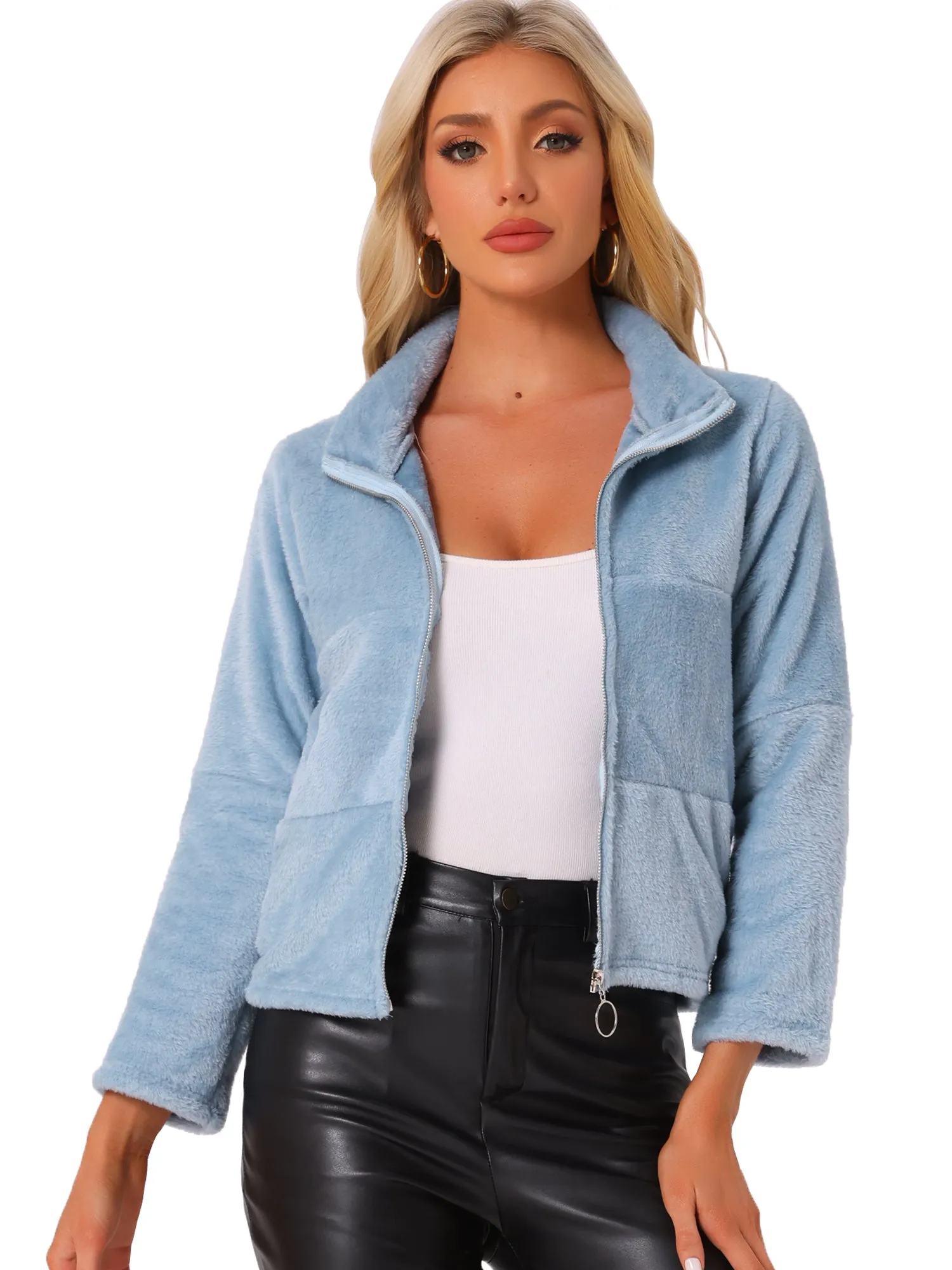 Stand Collar Zip Up Faux Fur Cropped Fleece Jacket