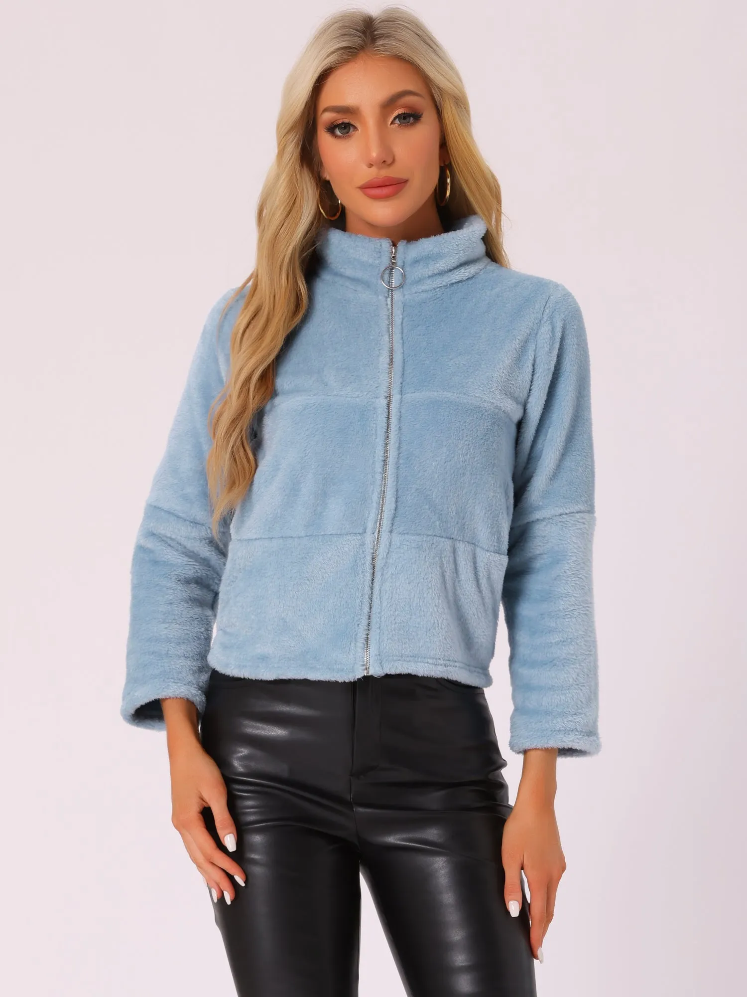 Stand Collar Zip Up Faux Fur Cropped Fleece Jacket