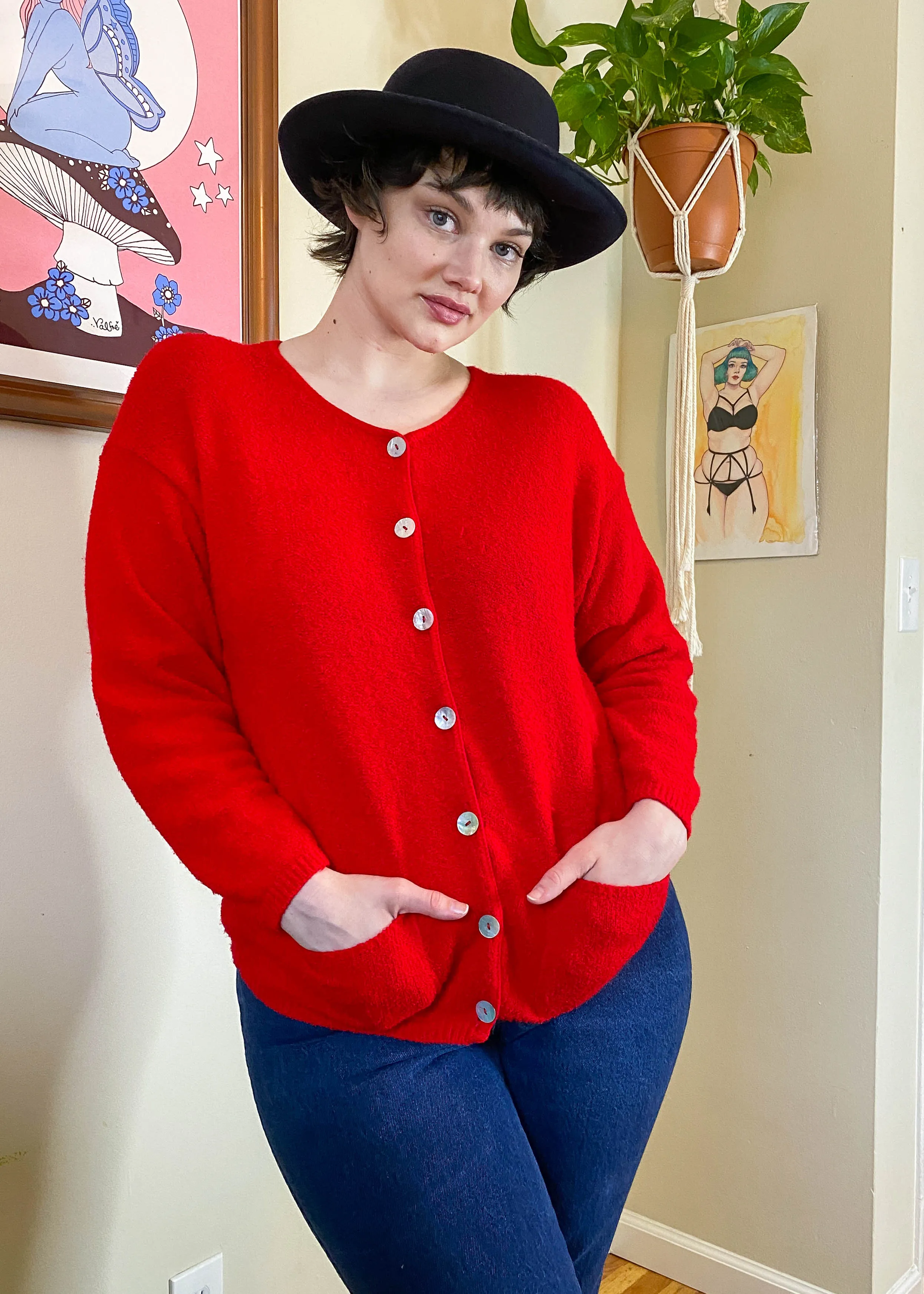 Vintage Bright Red Cardigan - L/XL