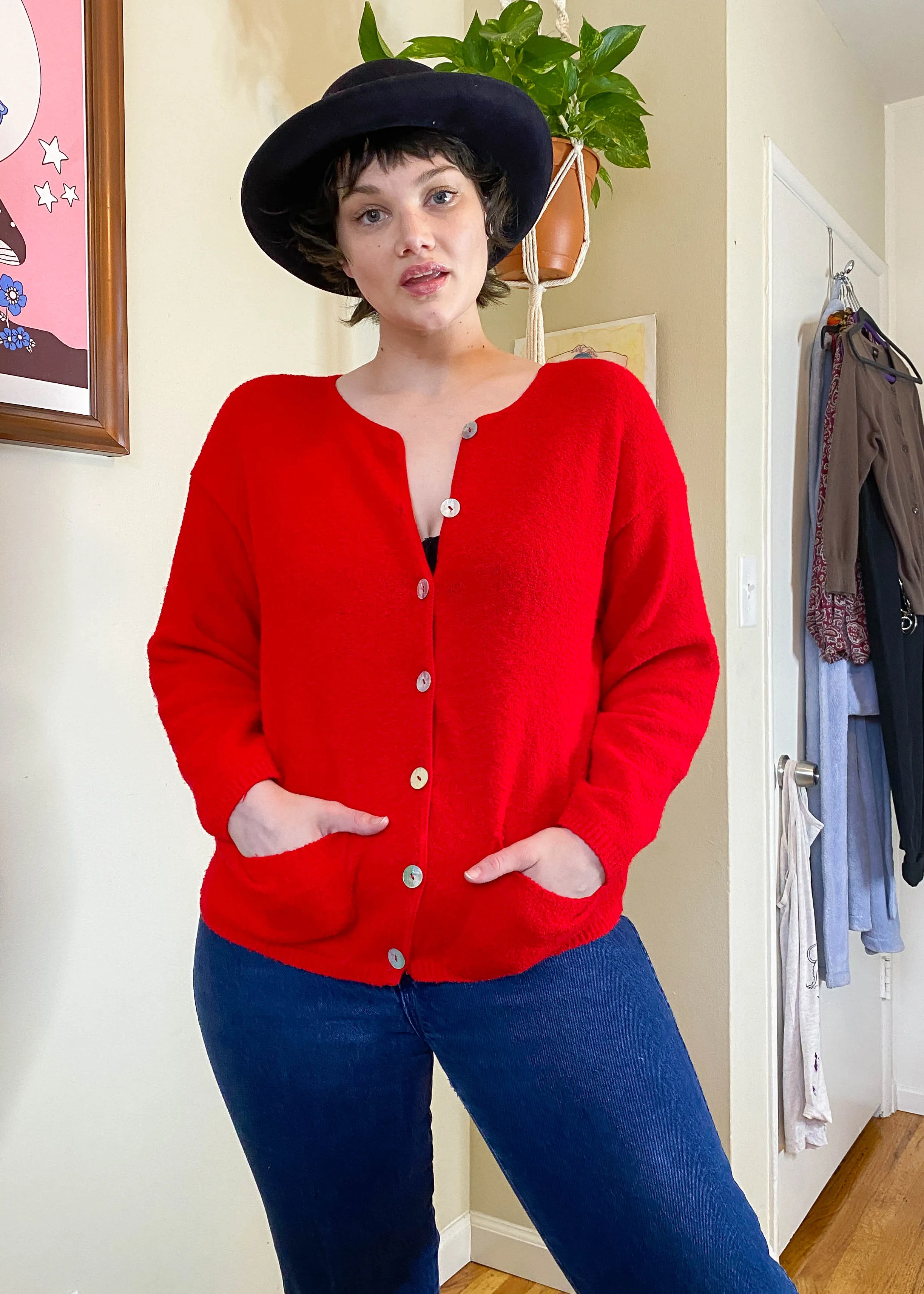 Vintage Bright Red Cardigan - L/XL