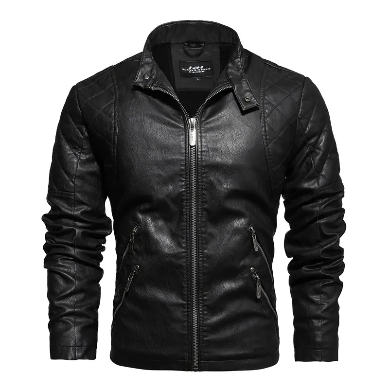 Warm PU Leather Jacket For Men / Motorcycle Jacket With Stand Collar