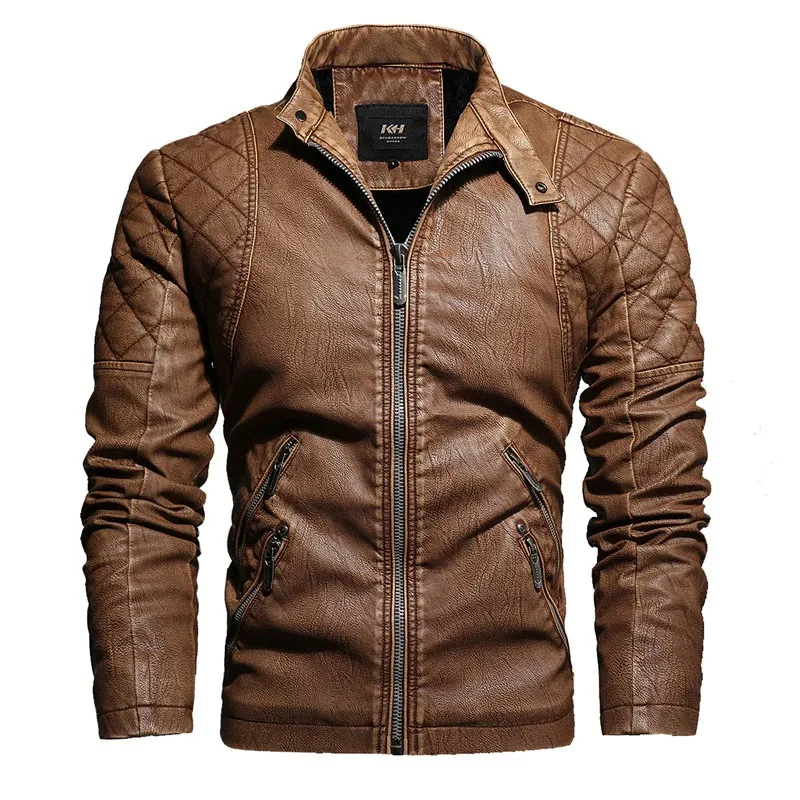 Warm PU Leather Jacket For Men / Motorcycle Jacket With Stand Collar