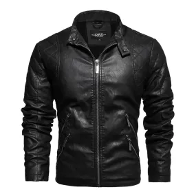 Warm PU Leather Jacket For Men / Motorcycle Jacket With Stand Collar