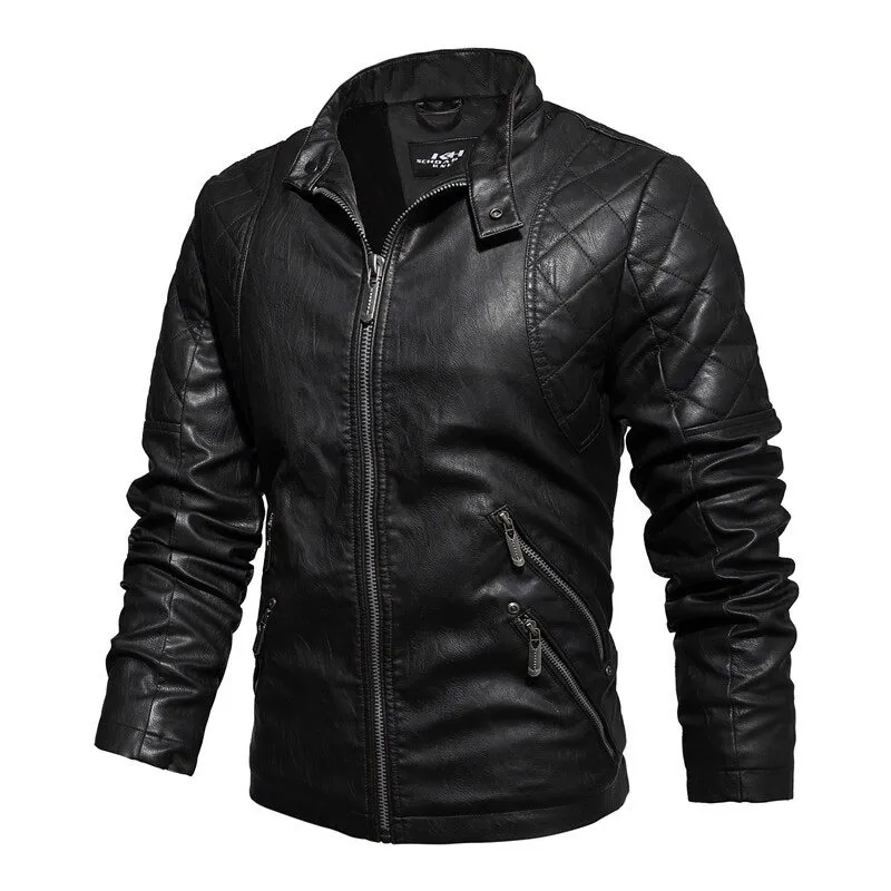 Warm PU Leather Jacket For Men / Motorcycle Jacket With Stand Collar