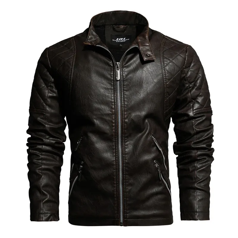 Warm PU Leather Jacket For Men / Motorcycle Jacket With Stand Collar
