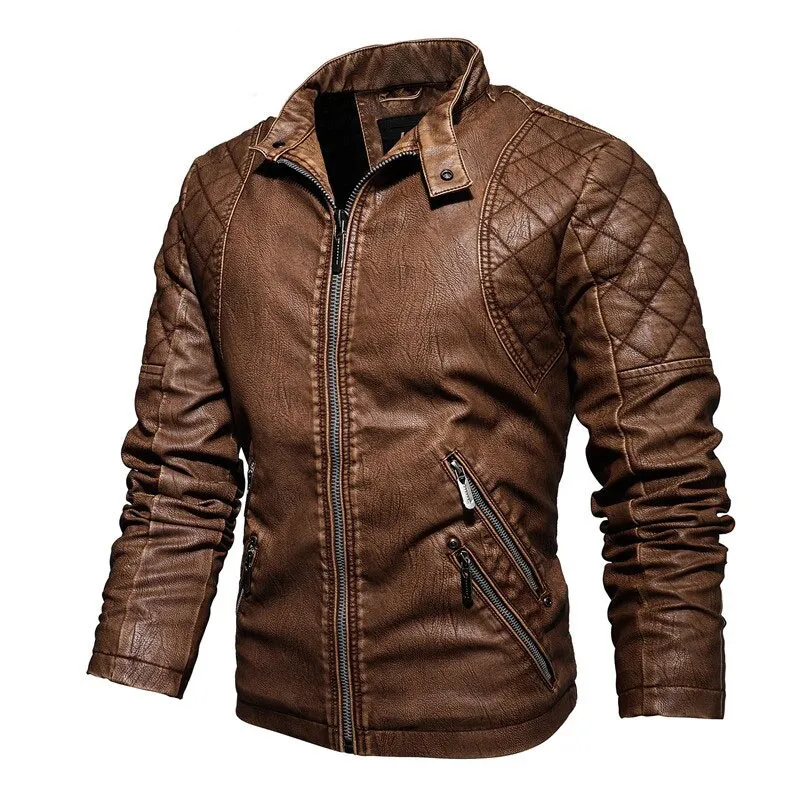Warm PU Leather Jacket For Men / Motorcycle Jacket With Stand Collar