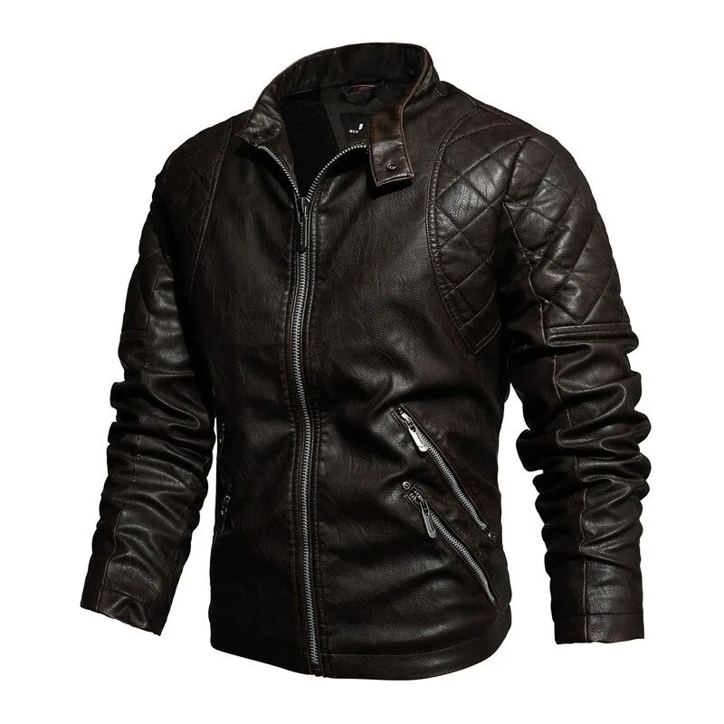 Warm PU Leather Jacket For Men / Motorcycle Jacket With Stand Collar