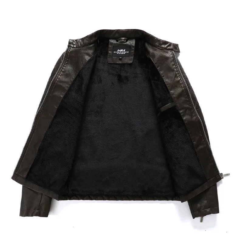 Warm PU Leather Jacket For Men / Motorcycle Jacket With Stand Collar