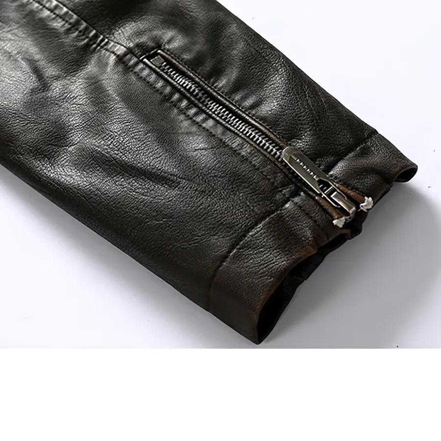 Warm PU Leather Jacket For Men / Motorcycle Jacket With Stand Collar