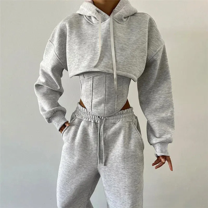 Women's High Stretch Hooded Sweatshirt Top and Pant Sets in Polyester Spandex Blend